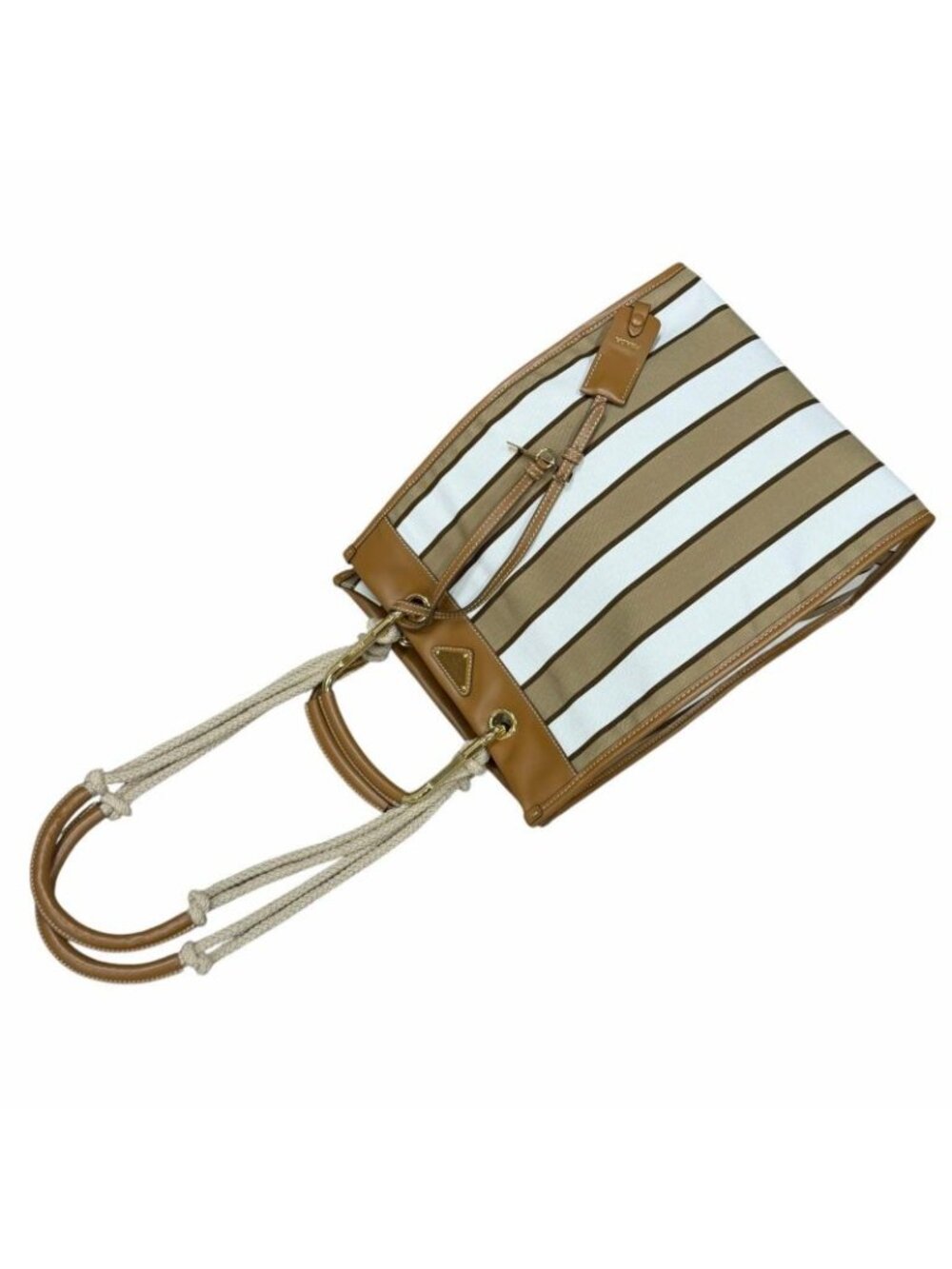Prada Triangle Logo Stripe Leather Canvas Tote Brown White - Picture 8 of 14